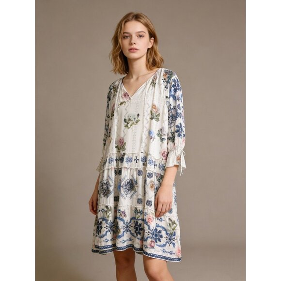 $490 NWOT Johnny Was Biya Kailey Silk Floral Embroidered Knee Length Dress Sz M